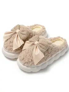 Women's Bow Slipper Shoes, House Slippers, Comfortable Warm Lining, Non-Slip Thick Sole Design, Suitable for Fall & Winter Indoor Home Office Use