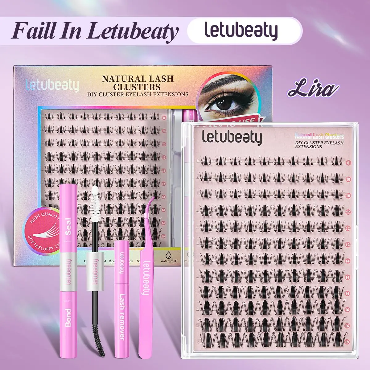 letubeaty Natural Lash Cluster Kit for Beginners, Waterproof & Long-Lasting DIY Eyelash Extensions with Glue, 8-18mm Wispy Cat Eye False Lashes, Natural Lash Clusters