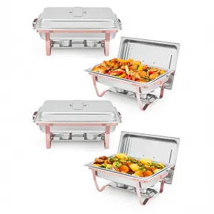 [TOP RATED - FLASH SALE] Garvee Chafing Dishes for Buffet Set of 4, 8QT Buffet Servers and Warmers Set with Lid & Foldable Frame, Rectangular Stainless Steel Chafer Food Warmer for Parties Wedding Catering Supplies, Rose Gold