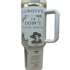 Doc Holiday 40oz Tumbler with Unique "Forgive Me If I Don't Shake Hands" Design and Character Illustration Bottle Drinkware