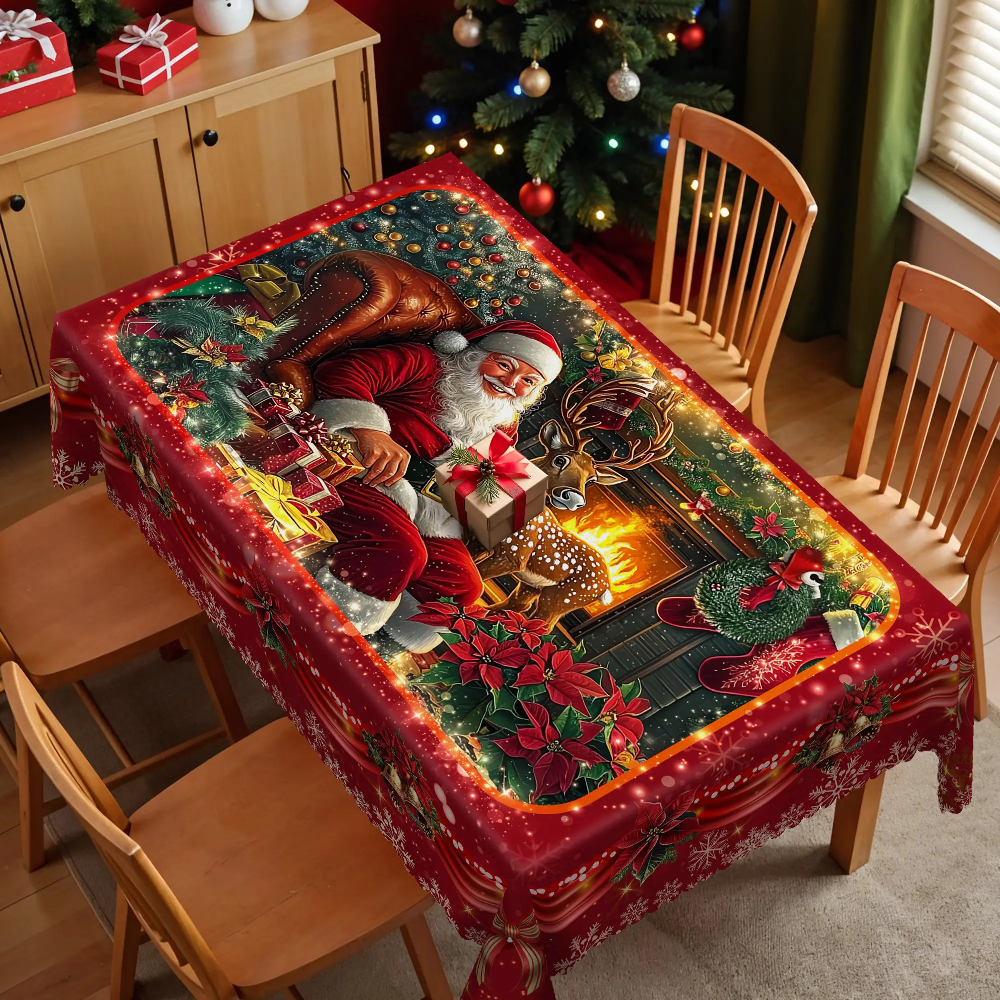 XEXSIN Polyester Christmas Decor Tablecloth - Red, Round/Rectangle Options, Santa Claus, Reindeer & Poinsettia Prints, Farmhouse Outdoor Indoor Holiday Party Home Kitchen Decoration Accessory for Chinese New Year, Valentine's Day, Anniversary, Valentines
