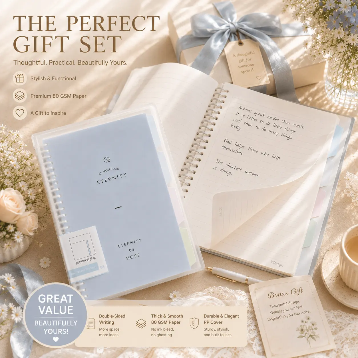 Back to School, A5 Loose Leaf Notebook with 4 Color Index Dividers, Frosted PP Cover Refillable Binder Journal, Aesthetic Pastel Blue Notebook for Student School Office Note Taking