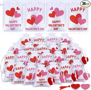 36 Pcs Valentine's Day Gift Bags Satin Drawstring Pink Red Heart Valentines Treat Candy Goodie Bags with Tags Ropes for Wedding Birthday Party Favors, 4 x 6 Inch