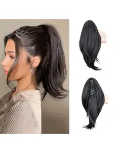 Straight ponytail wig with a fluffy donut-shaped bun. Ponytail with short, slightly curly hair, secured with a hair clip, Synthetic Hair Wigs, Wavy ponytail extension