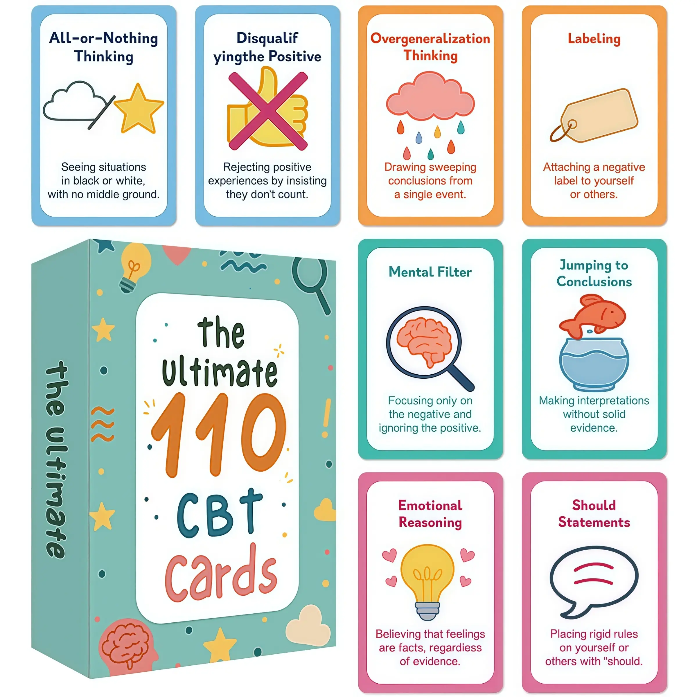 110 Cbt Mental Health Cards with Instructions, Cute Emotion Cards for Self-Regulation Tools, Social Emotional Learning & Management
