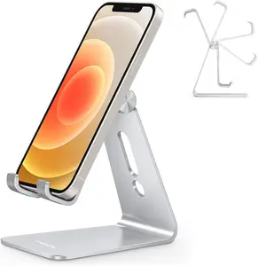 OMOTON Metal Adjustable Cell Phone Stand - Aluminum Desktop Holder with Silicone Anti-Slip Base, Convenient Charging Port, Compatible with All Smartphones, Silver