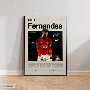 Bruno Fernandes Poster, Manchester United Wall Art, Framed Premier League Soccer Print Décor