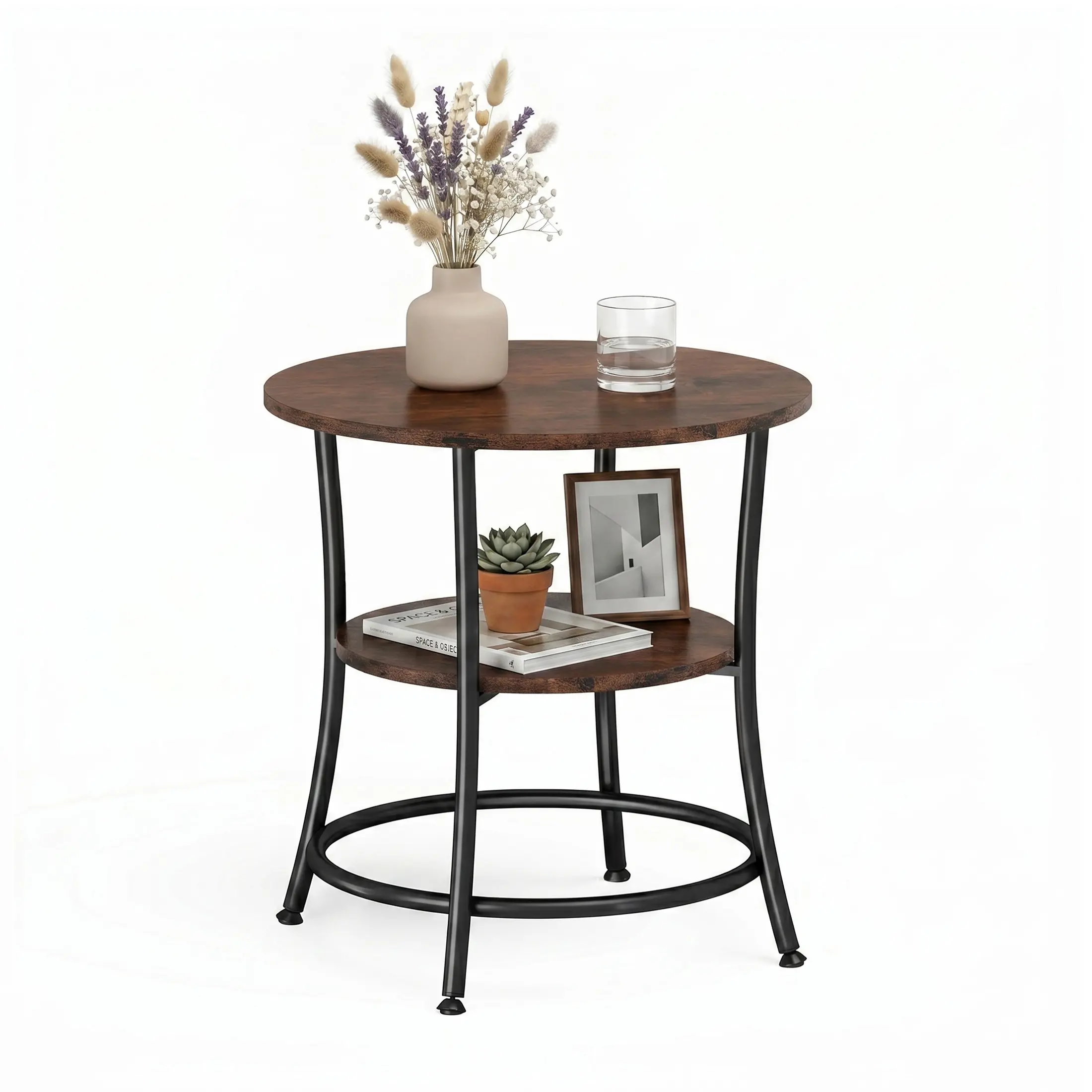 2-Tier Round Nightstand with Steel Frame, 21.7" Side Table with Storage Shelf for Living Room, Bedroom, and Small Spaces