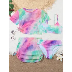 Tween Girl 4packs Tie Dye Drawstring Side Bikini Set Summer Beach