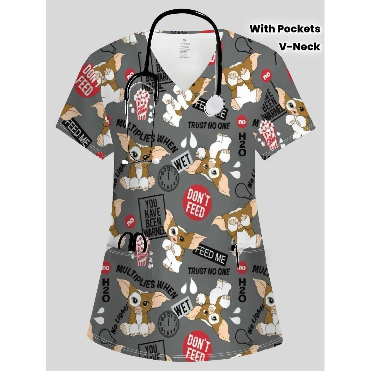 Women's Nurse Uniform | Elf Pattern with Warning Slogan Print, Soft and Elastic V-Neck Top with Pockets, Comfortable and Casual Fashion for Women, Ideal Gift