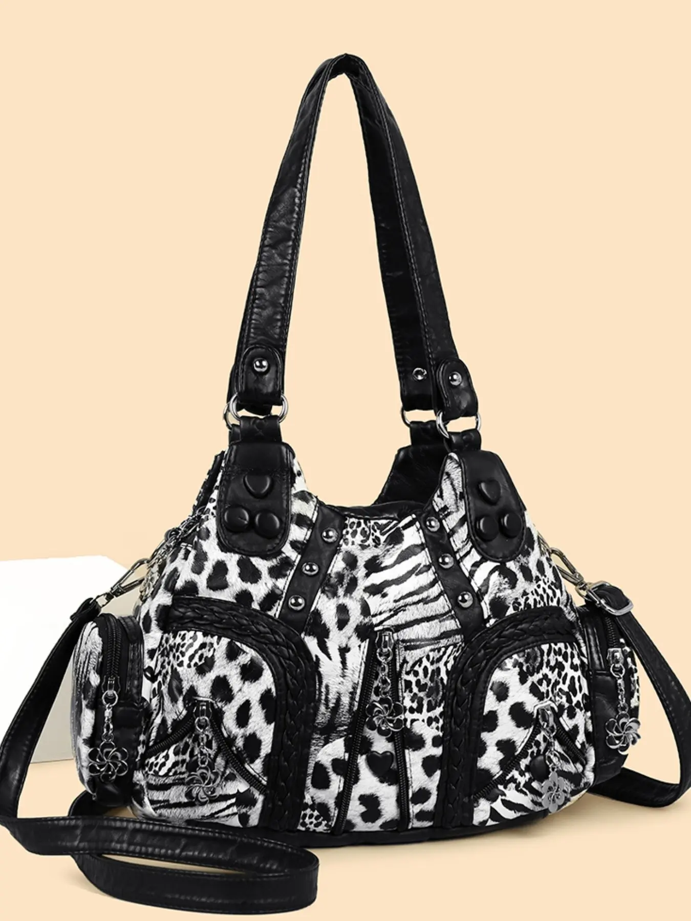 2026 Leopard Print Handbag for Women, Rivet Decor Vintage Printed Shoulder Bag, Large Capacity Multifunctional Commute Travel Crossbody Bag, Daily Commuter Bag, Crossbody Shoulder Purse