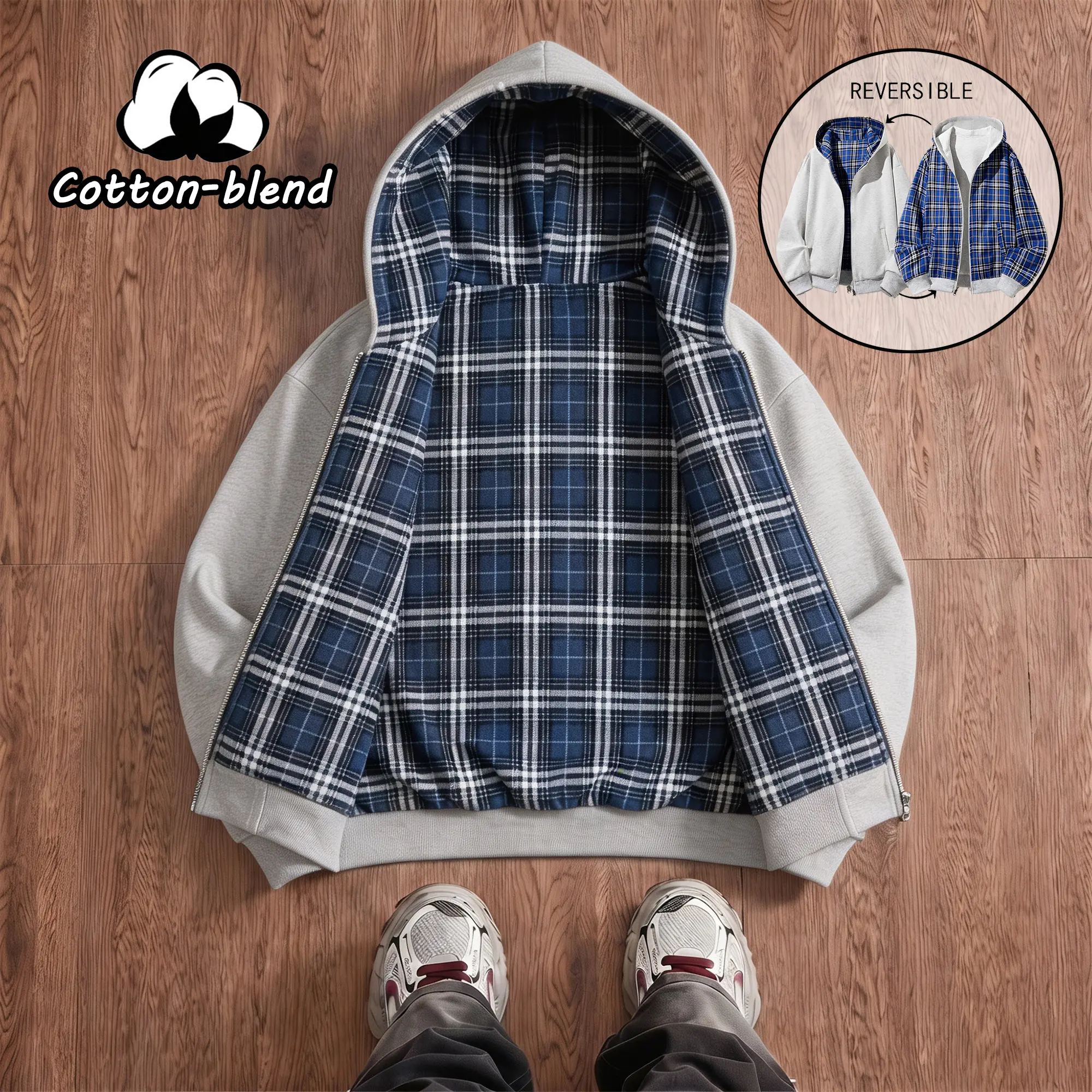 Unisex cotton-blend zip-up hooded jacket, reversible plaid sweatshirt, Y2K retro cardigan jacket with pockets, loose street-style design, suitable for everyday wear, travel, and outdoor leisure. campingessentials sohochic