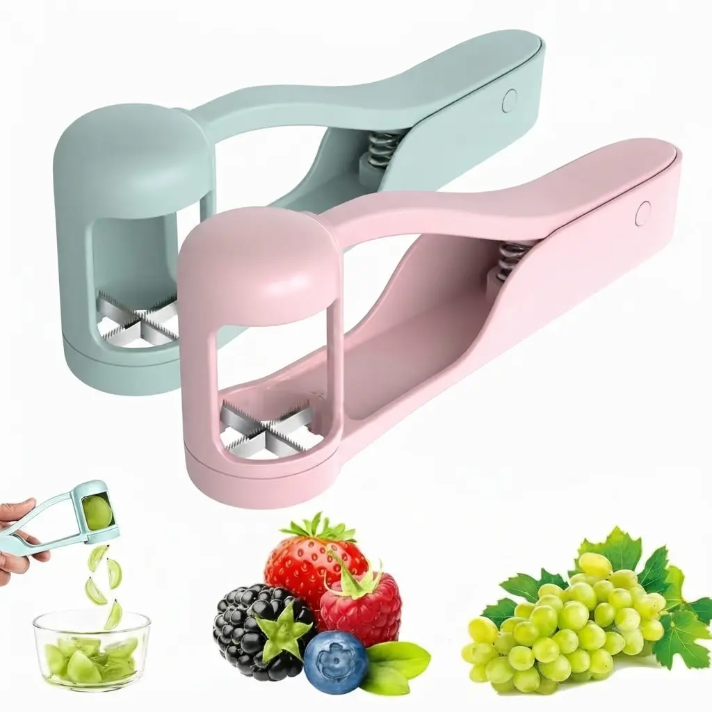 Stainless Steel Grape Cutter - Durable ABS Fruit Tool for Toddlers 1-3, 1-Press Quarter Slicing, Automatic Spring Return, Thumb Operation, Safe for Cherry Tomato, Kids' Snacks, Outdoor Activities, Party Platters Kitchen Supply