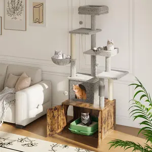 2-in-1 Cat Litter Box Enclosure with Cat Tree, Modern Hidden Washroom Furniture, Wood Cat Condo with Scratching Post & Hammock, Indoor Pet Furniture with Multiple Platforms - Rustic Brown