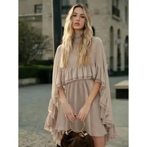 Women's Elegant 2-Piece Casual Ocean-Style Chiffon Dress Set, Lady's Clothes with Semi-Sheer Chiffon Cape and Matching Slip Dress