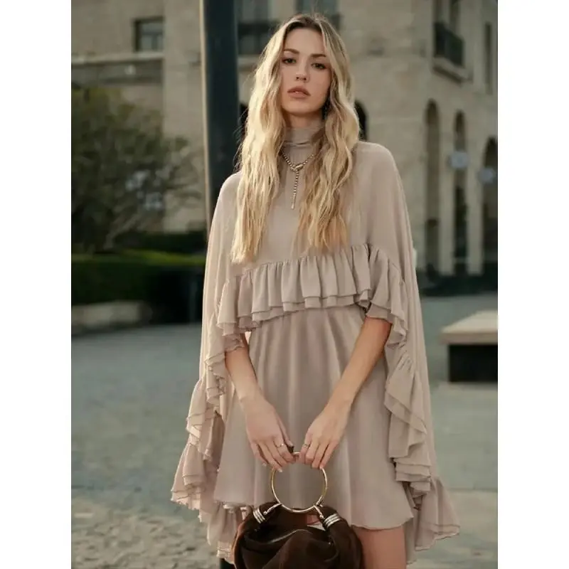 Women's 2-Piece Elegant Casual Lady Clothes Ocean-Style Chiffon Set, including Semi-Sheer Chiffon Cape and Matching Slip Dress