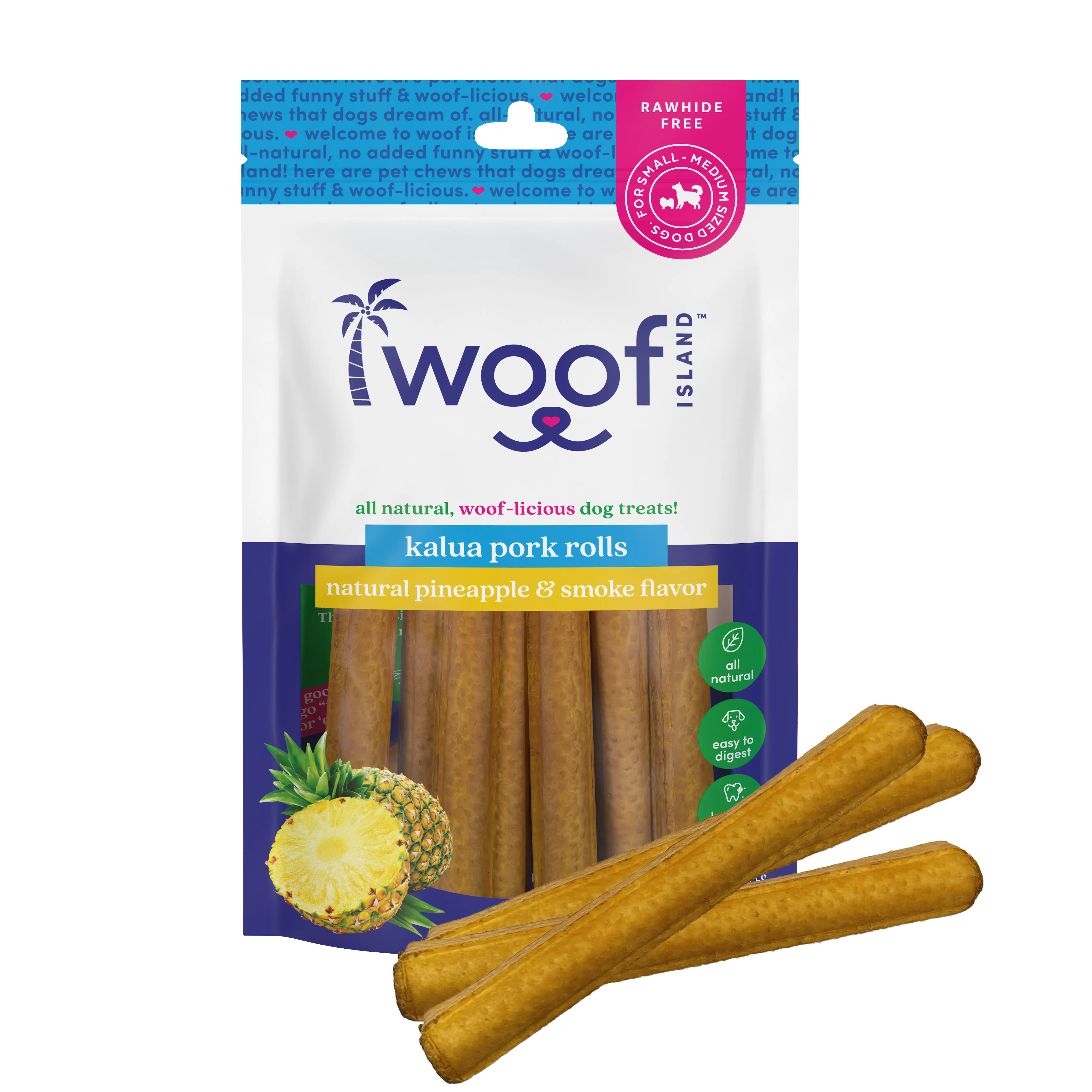 Woof Island Kalua Pork Rolls for Dogs | Rawhide-Free Pork Dog Chew | 7 Rolls