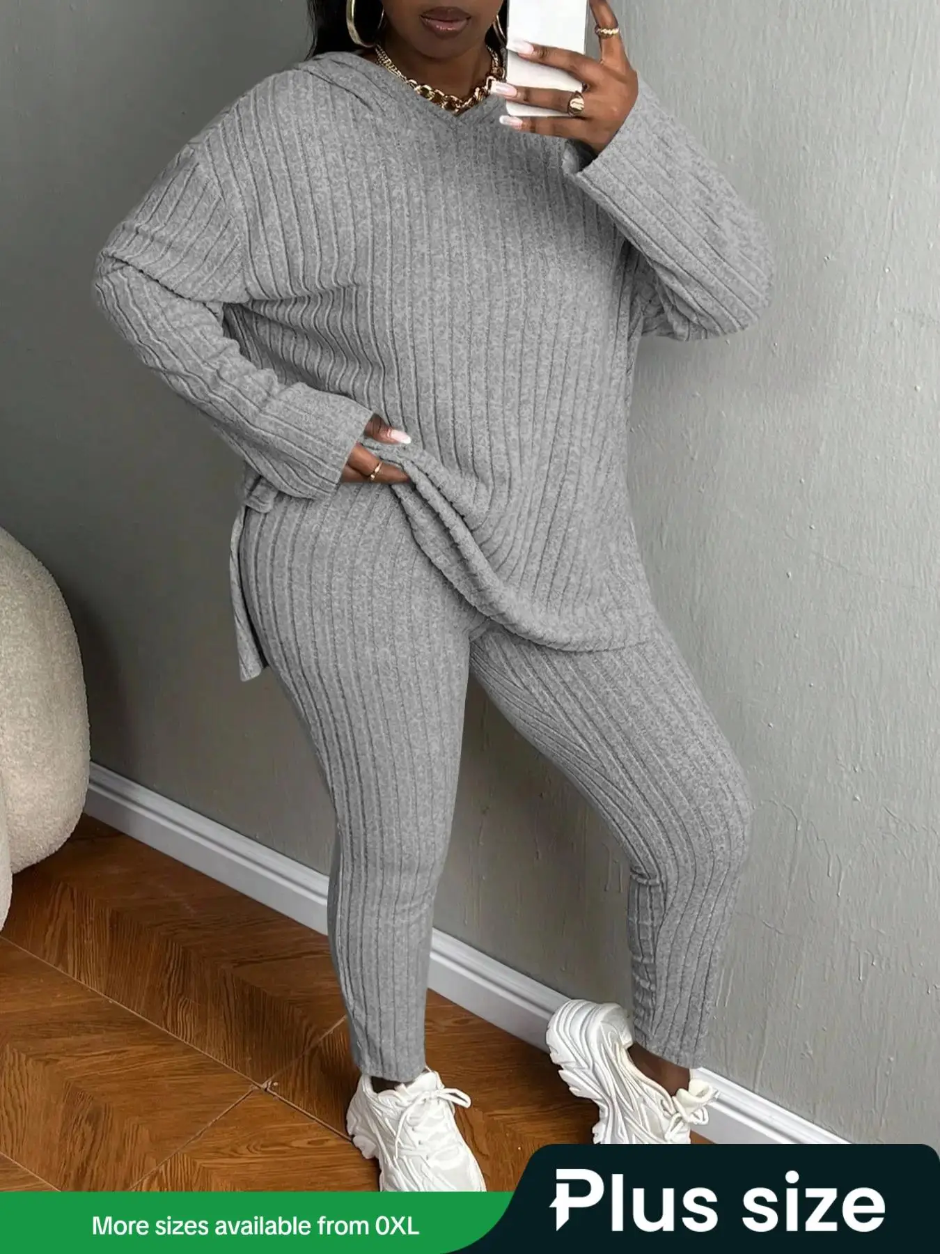 【Plus Size】 Women's Solid Textured Ribbed Drop Shoulder Hoodie & Elastic Waist Pants, Basic Casual Chic Cozy Fabric Ribbed Knit Outfits for Daily Outd