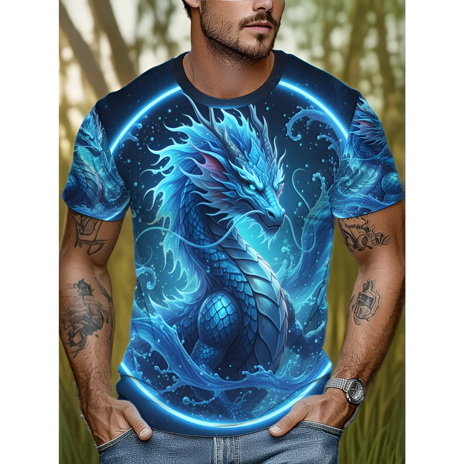 Blue Dragon Pattern T-Shirt, Mysterious Water Dragon Element Top, Trendy Personalized Dragon Print Short Sleeve, Cool Fantasy Dragon Design Half Sleeve, Chinese Mythical Creature Theme T-Shirt, Plus Size
