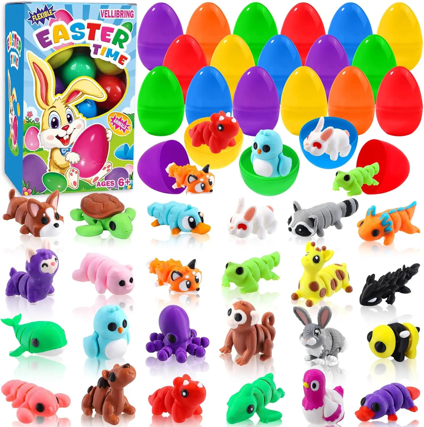 24pcs Prefilled Easter Eggs 3D Printed Animals for Kids, Easter Plastic Egg Basket Stuffers Hunt Gifts for Boys Girls Easter Prizes Goodie Bag Classroom Birthday Party Favor