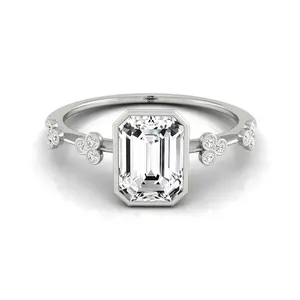 Clover Bezel Accent Solitaire Emerald Cut Engagement Ring Setting in Platinum