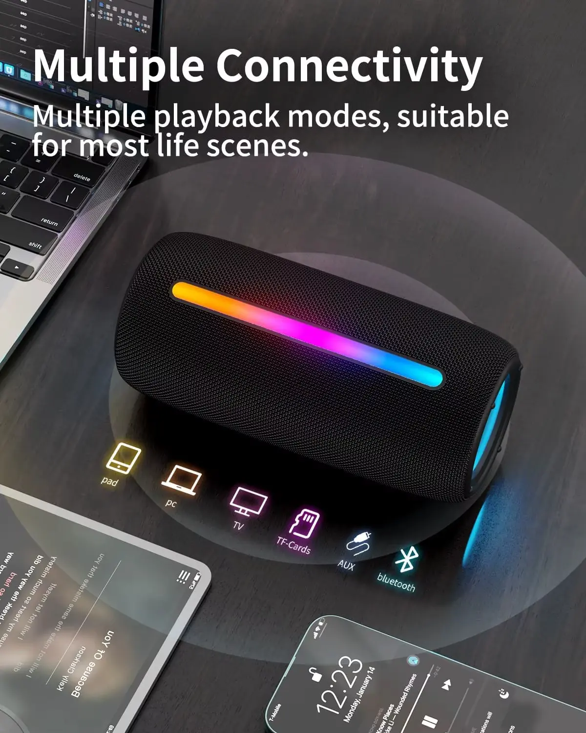 BrawRing Portable Bluetooth Speaker, Wireless Stereo Sound with Dynamic RGB Lights, TF Card USB AUX FM Support, Long Playtime Speaker for Home Party Outdoor Travel