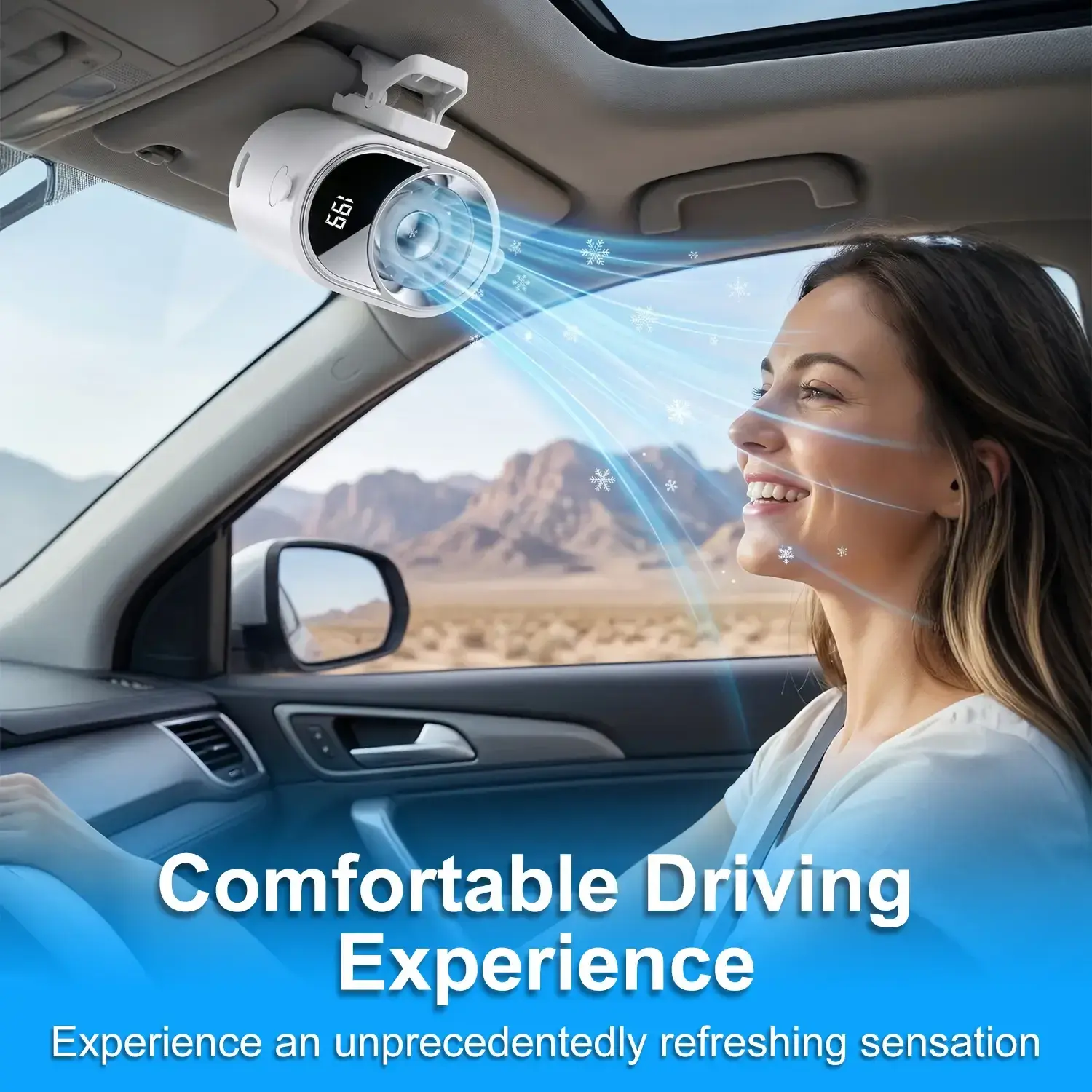 Car Clip on Air Conditioner Fan, Portable Rechargeable Hands-Free Cooling Fan with LED Display, 360 Rotation Mini Personal Fan for Cars Truck Walking Camping, White