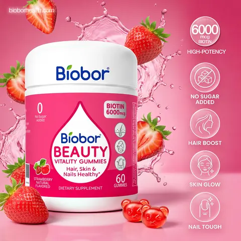 Biobor Advanced Hair, Skin & Nails Gummies with 6000 mcg Biotin，Vitamins A C E & Patented OptiMSM | Supports Hair Growth， Strengthens Nails， Improves Skin Radiance | Vegan， Wild Berry Flavor | 30 Day Supply