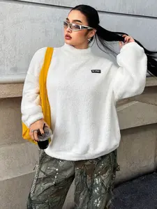 Plus Size High Neck Fleece Sweatshirt With Letter Applique Cozy Warm Drop Shoulder Pullover For Women Casual Fall Winter Spring Soft Plush Long Sleeve Top