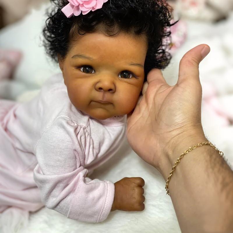Lifelike Reborn Baby Dolls 18 inch 45 cm Sleeping Mixed Race Black Soft Cloth Body & Curls Realistic-Newborn Dolls African American Real Life Baby Washable Feeding Kit & Gift for Kids
