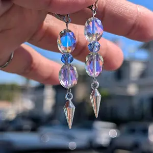 ByMalarie Iridescent Real Glass Spike Dangle Earrings, Hypoallergenic Silver-Tone Hooks