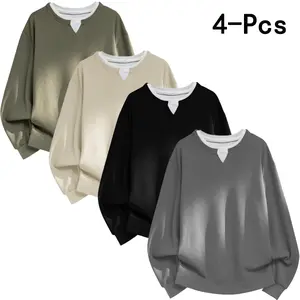 New American four piece set fake 2-piece one-piece sweatshirt for men's casual basic knitwear, fashionable and handsome top, casual elastic sweatshirt