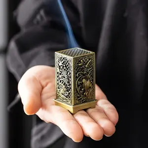 1 Pc Hollow Metal Incense Burner – Chinese-style box with plant pattern design. Elegant indoor décor for home and tea ceremony, compact and stylish incense holder.