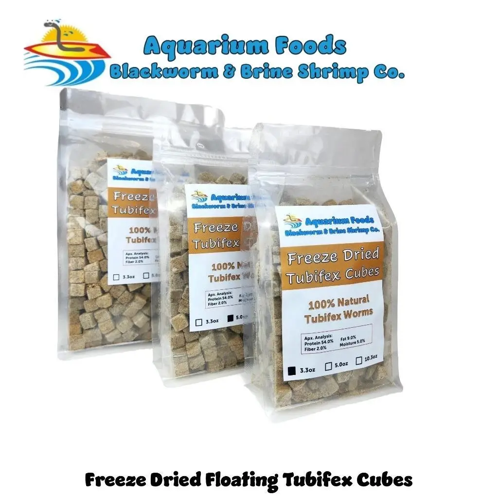 Tubifex Worm Cubes - Floating Freeze Dried Tubifex Worm Cubes, All Tropical Fish, Cichlids, Discus, Tetras, Bettas, Goldfish, Catfish, Marine Fish, Koi & Pond Fish. FREE 4-Type Wafer Mix & 12-Type Pellet Mix Included…Clear Bag.