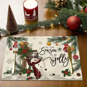 4/6pcs Christmas decorative placemats, Cedar Forest snowflake printed dining table anti slip insulation mats, red berry snowman Christmas ball design winter dining table mats, Christmas plant pattern plate mats, coasters, party restaurant table decoration