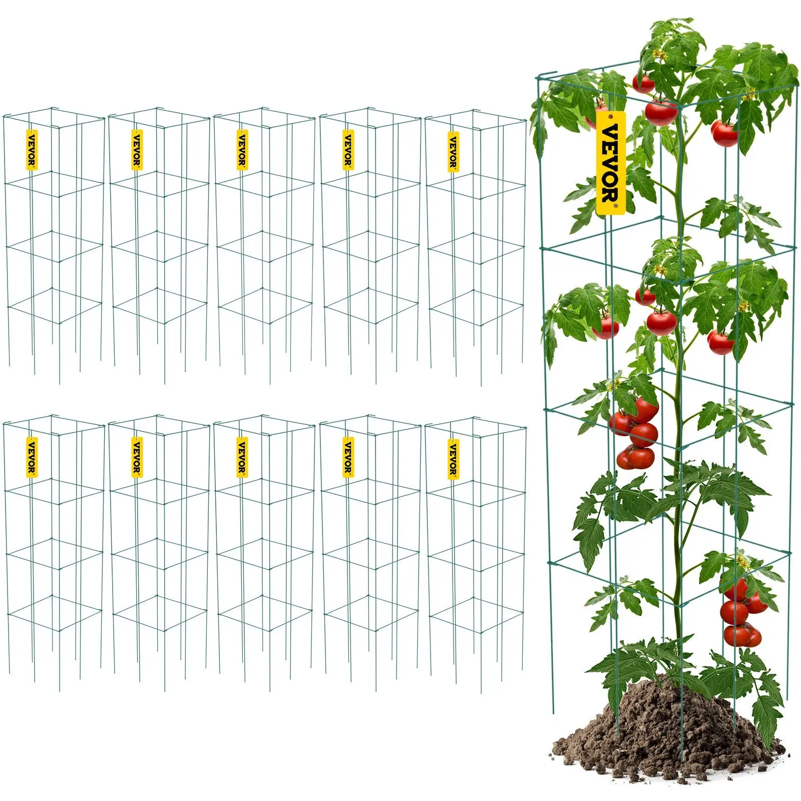 VEVOR 10-Pack Square Tomato Cages, 11.8 x 11.8 x 46.1 in Folding 3-Tier Trellis, 22 Lbs/ 10 Kg Green PVC-Coated Steel Plant Supports, for Climbing Vegetables, Flowers, 30-Day Free Returns