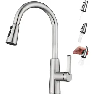 Brushed Nickel Kitchen Faucet, High Arc Swivel 360 with 3  Mode Sink Faucet with Pull Down Sprayer, Single Handle Bar Faucet for 1 or 3 Hole