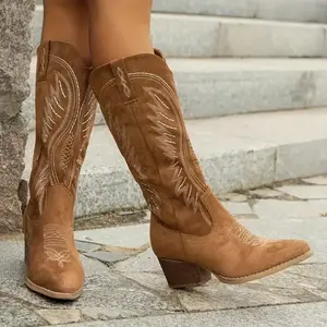 Elegant Women’s Embroidered Cowboy Boots – Pointed Toe, Chunky Heel, Mid-Calf Height with Side Zipper, Faux Leather Lining, TPR/Rubber Sole, Perfect for Stylish Outfits, Cowgirl Boots Walking Shoes Footwear