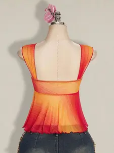 Women's Lady Slim-Fitting Sleeveless Asymmetrical Mesh Hem Plain Tank Top - Soft, Strap Detail, Knot Accent, Multicolor Fabric, for Evening Wear