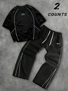 Unisex design, trendy street style. Simple line print, dark color scheme. Casual Fitted short-sleeved shirt and pants set. Perfect for streetwear, suitable for campus/outdoor activities, hip-hop wear. A perfect gift for a boyfriend.