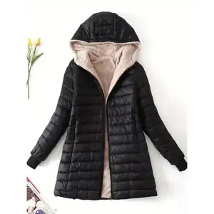 Women's Mid-Length Hooded Puffer Jacket with Zipper Closure, Long Sleeve, Elegant Style, Warm Fleece-Lined, Black, Chic Polyester Outerwear Fabric Womenswear Coats Tops