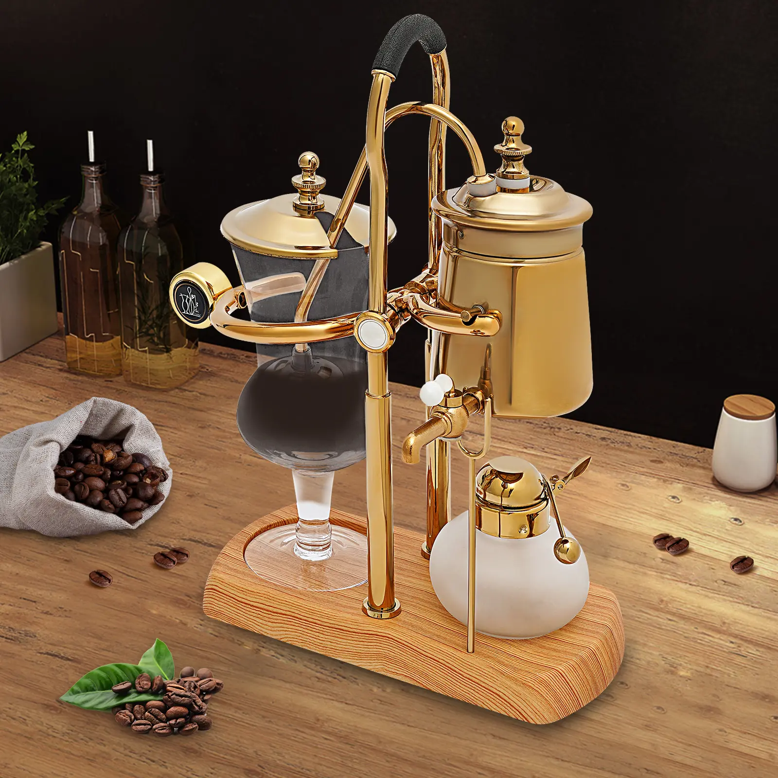 Golden Siphon Coffee Maker, Vintage Stovetop Vacuum Coffee Pot with Alcohol Burner, Borosilicate Glass & Titanium Electroplating, 400ml Manual Brewing System for Home Kitchen & Coffee Shop Display Sturdy Stainless Steel