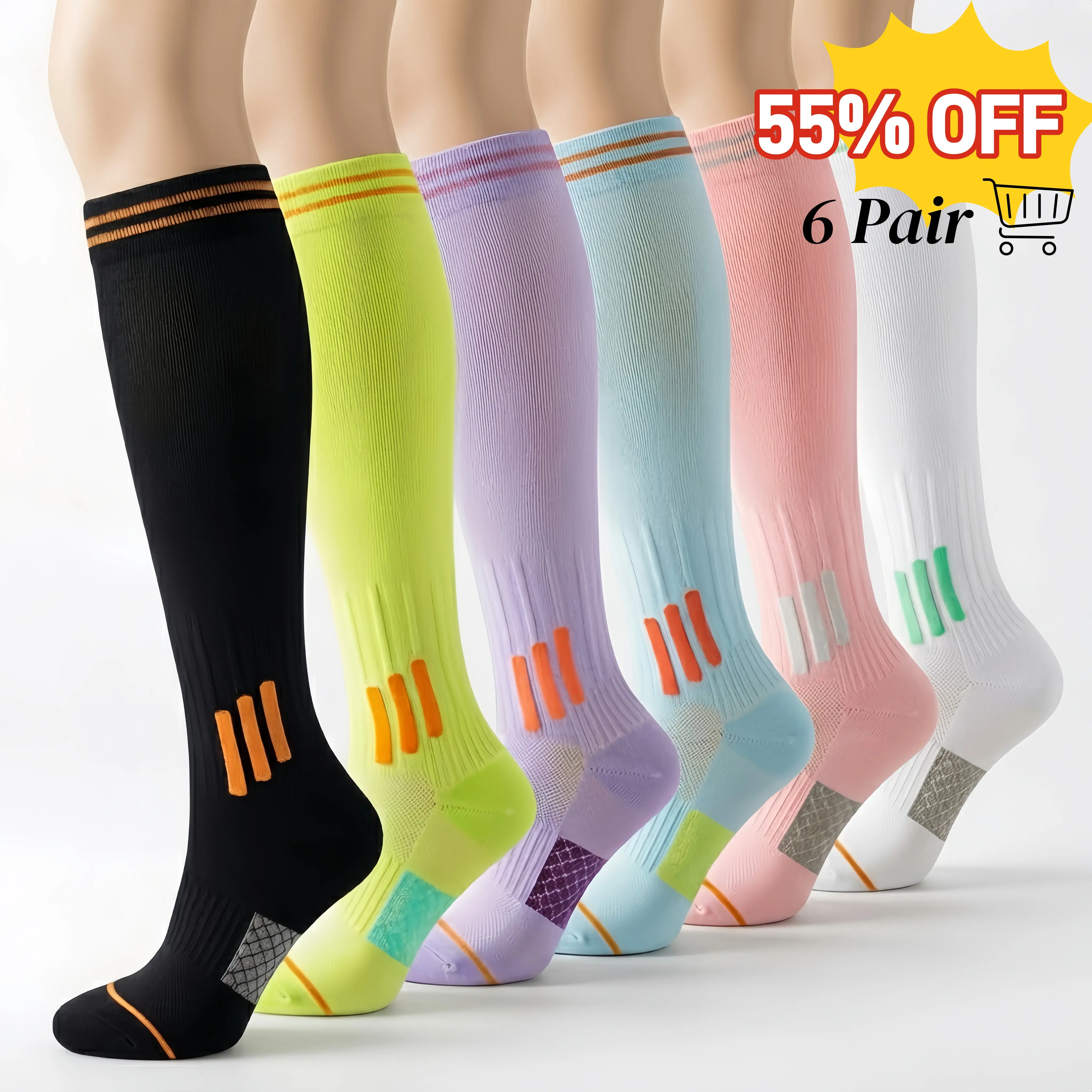 UGEM Unisex Graduated Fit Compression Socks (6 Pairs, 23-32 mmHg) - Breathable, Durable, Elastic Athletic Tight Sports Running Workout Socks for Swelling Support & All-Day Relief, All Season