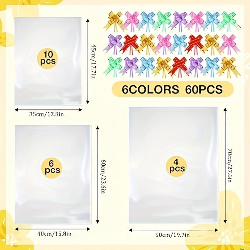 80pcs 3 Sizes Clear PVC Heat Shrink Cellophane Bags for Gift Baskets (20"x28", 16"x24", 14"x18") with 6 Color Pull Bows - Easter Mother's Day Gift Wrapping, Party Favors & Basket Packaging Supplies, Baskets for Gifts, Holiday Presents, Festive