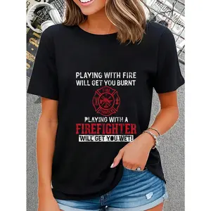 GGOR 100% Cotton Casual Tshirt Playing With A Firefighter Will Get You Wet Gift For Fireman T-Shirt