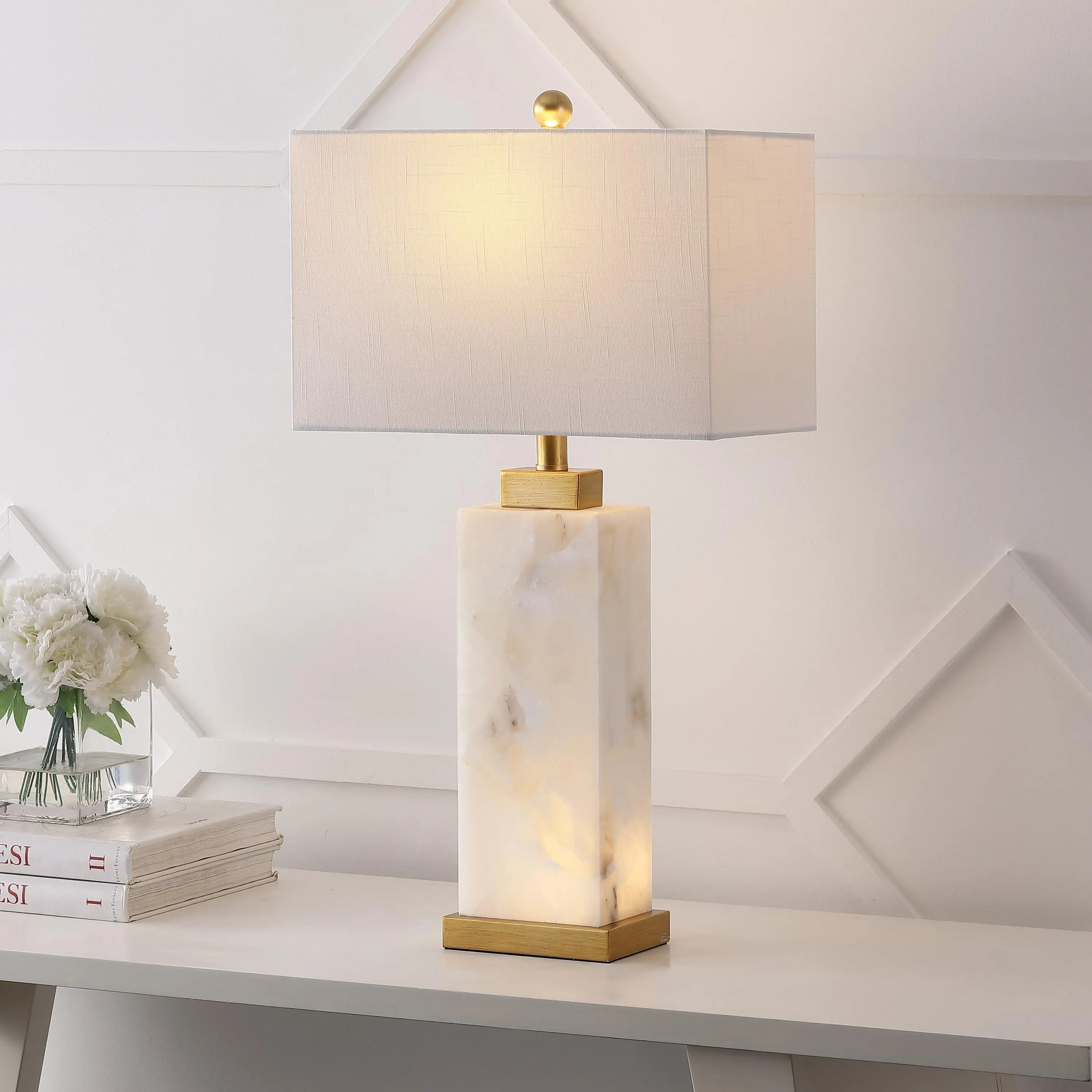 JONATHAN Y Elizabeth Alabaster Nightlight Lamp | Linen Rectangle Shade, 4-Way Rotary Switch, Contemporary Style, Metal Accents, LED Bulb Included