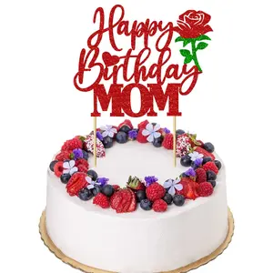 1 PCS Happy Birthday Mom Cake Topper with Glitter Rose Flower Best Mom Love Mother Cake Pick Decorations for Happy Mother's Day Theme Women Birthday Party Supplies Bamboo