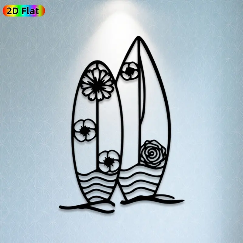 1pc Surfboard with Floral Metal Wall Art Surfboard Statue Mural, Ideal Gift for Summer Vacation, Beach Party, Weather-Resistant Metal Wall Decor Wall Sculptures, Perfect for Patio Wall, Garden Fence Beach House Enthusiasts