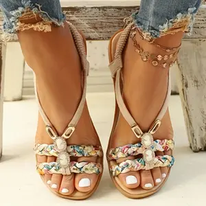 2025 NEW Bohemia Style Grids Women'S Braided Flats Sandals- Casual Open Toe Summer Shoes, Colorful Beaded Straps, Lightweight Slip-On Design, Washable, Sizes US6-US11