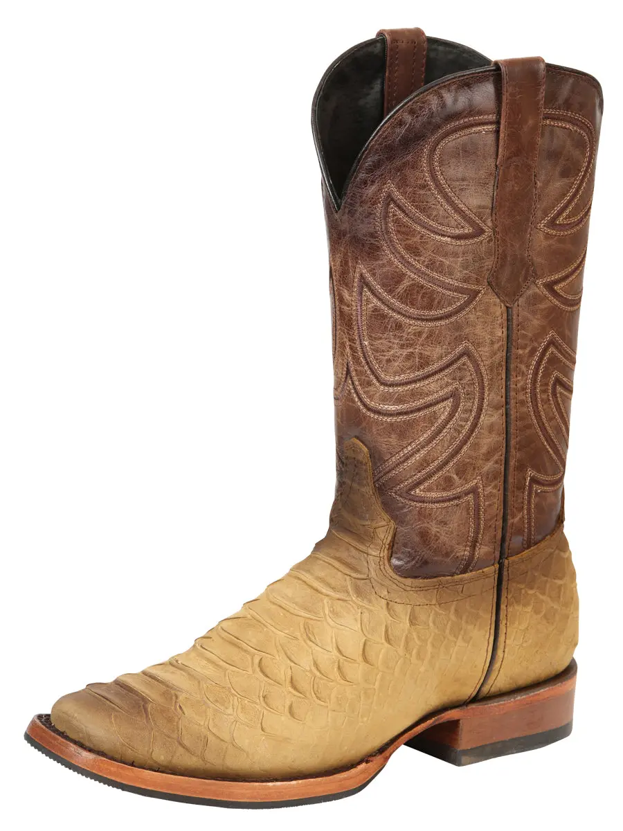 Men's Classic Sand Python Print Western Cowboy Boots, Genuine Leather Footwear with Unique Design